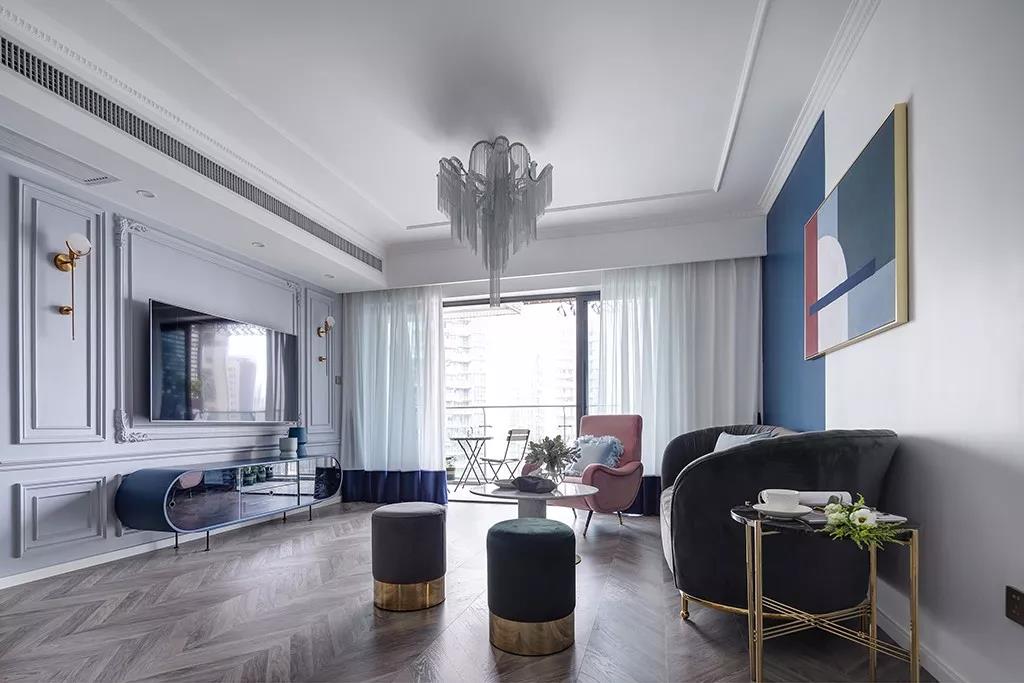 143㎡法式轻奢风格新房装修，粉+灰蓝低调奢华！